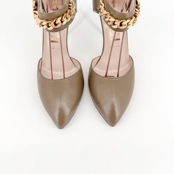 Gucci Sylvie Chain d'Orsay Pumps EU 40 US 10 Tan Leather High Heel Taupe Pointed - Picture 3 of 14